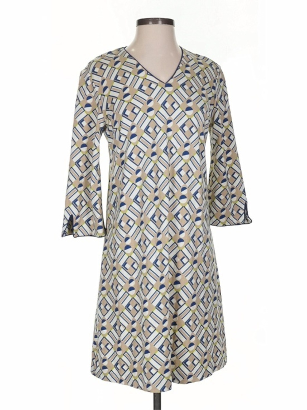 J.McLaughlin Geometric Print Midi Dress Bell Sleeve Neutral Blue Womens Large
